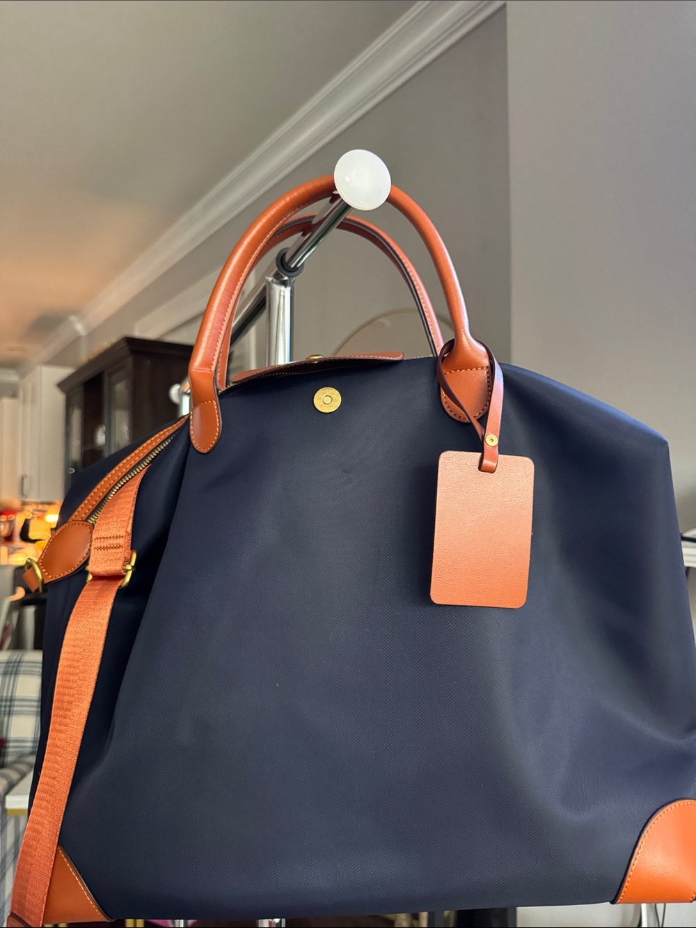 Navy Tote Bag with Tan Leather Trim